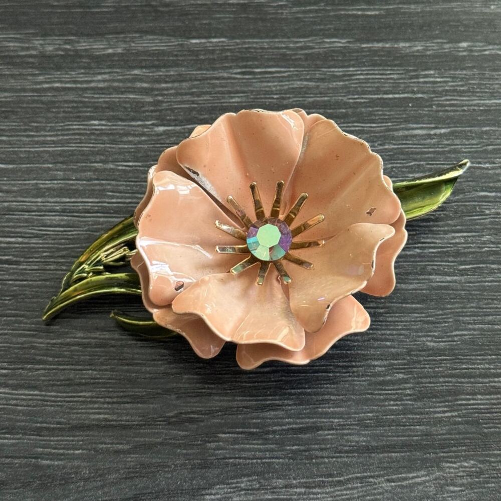 Vintage Coro Trembler Flower Brooch Pin‎ Enamel With Rhinestone
